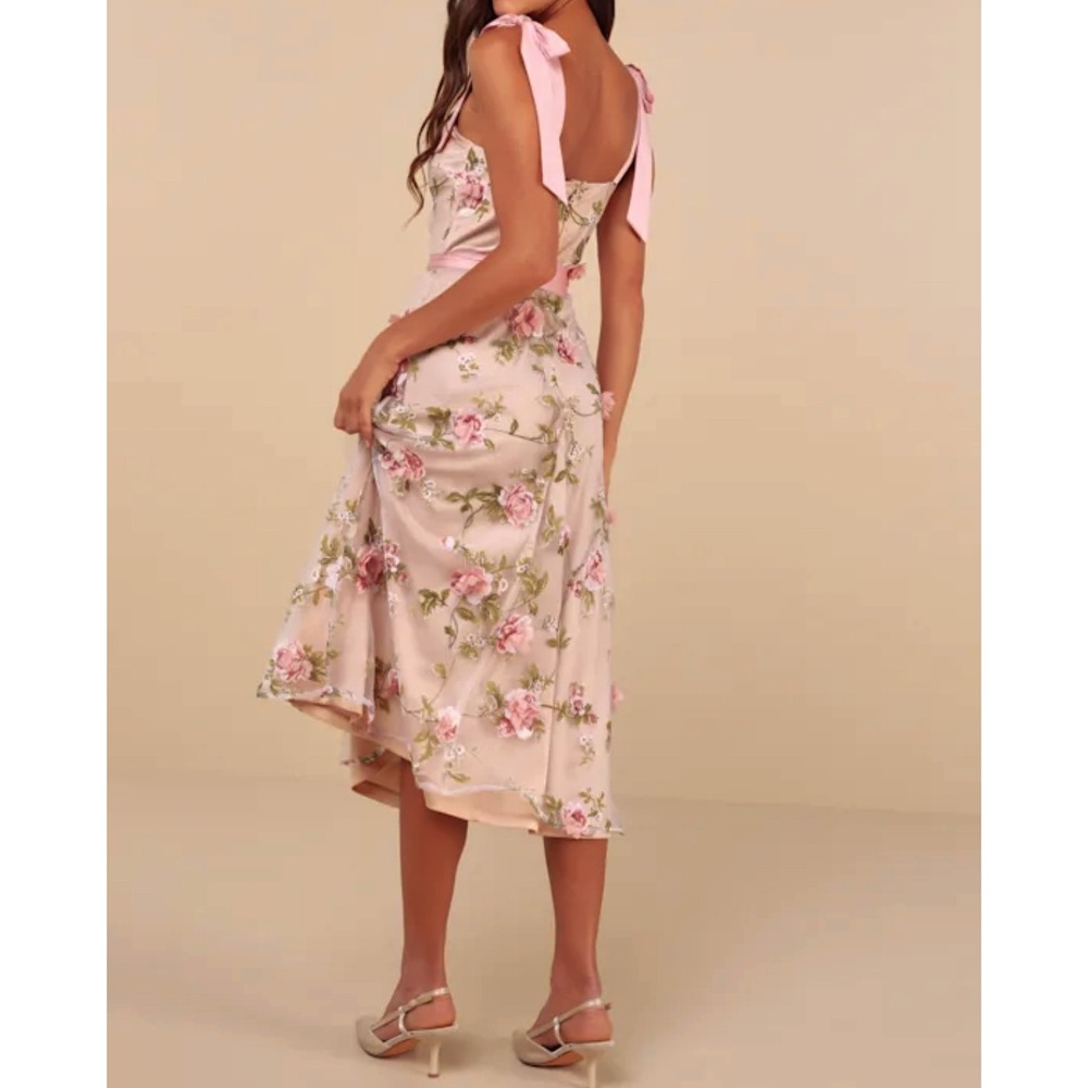 Lulus Authentic Sweetness Blush Pink Floral Applique Bow Tie Strap Midi Dress M - Picture 3 of 11